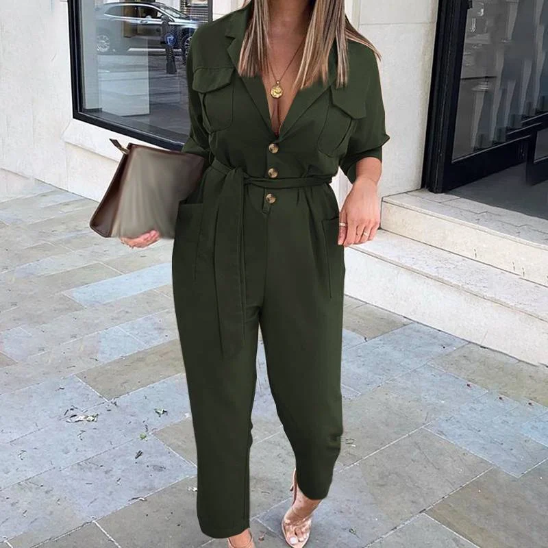 Graduation Gifts  Fashion Jumpsuits Women Elegant Suit Collar Long Sleeve Rompers  Casual Solid Cargo Pants Pockets Work Overalls