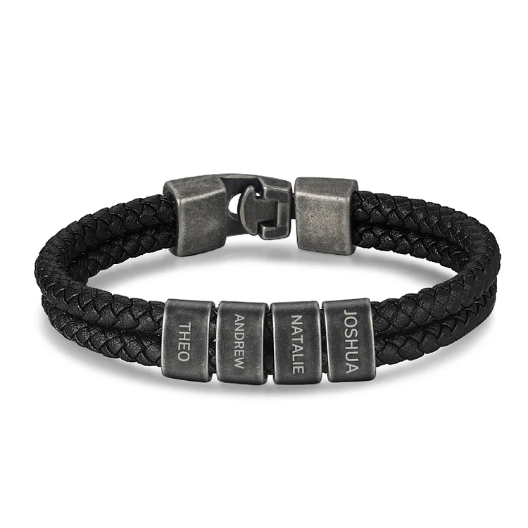 Personalized Men Leather Bracelet with 4 Names Beaded Wrap Bracelet Retro Style For Him