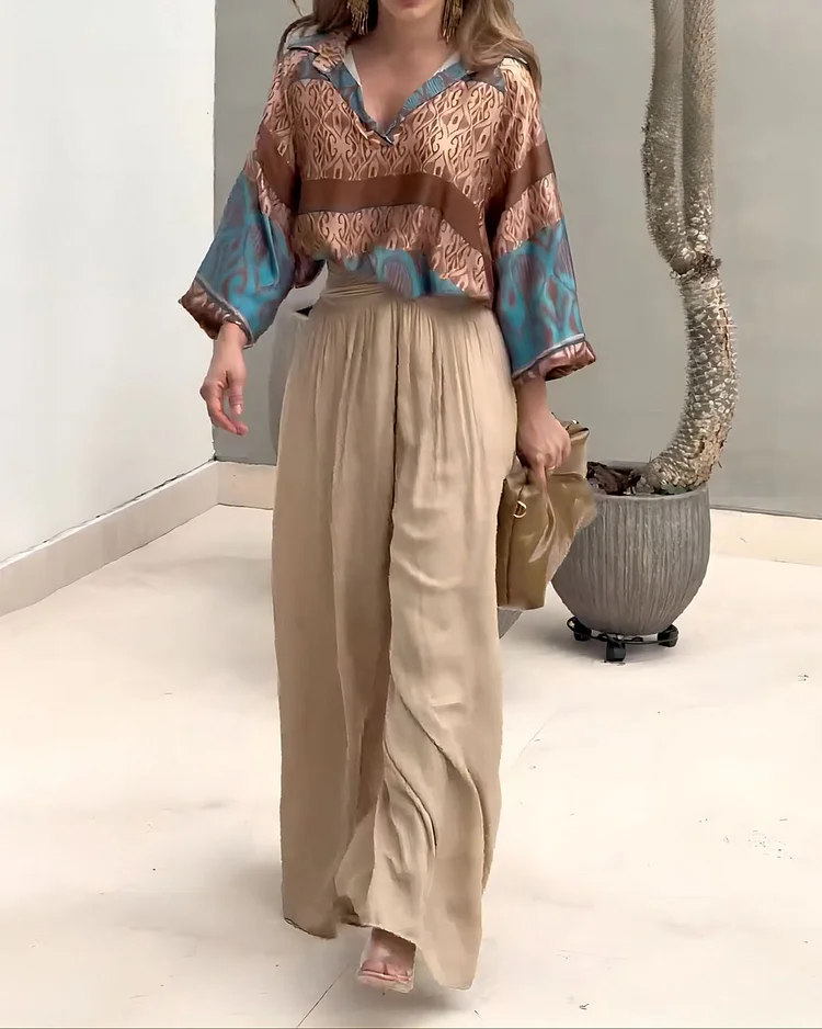 Lapel Half-sleeve Printed Top with Pleated Pants Two-piece Set
