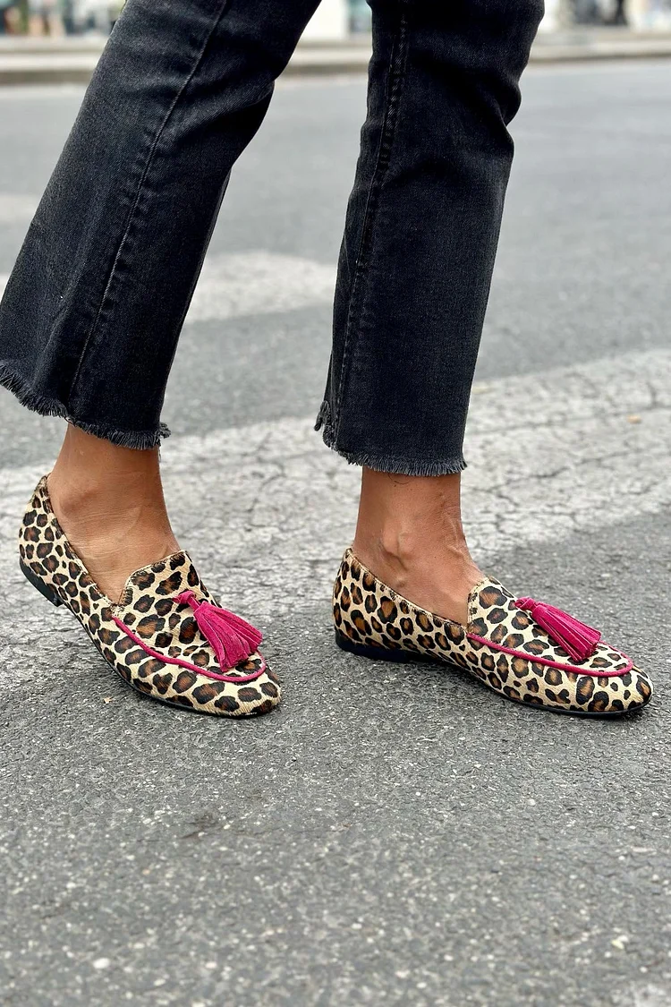 Leopard Print Colorblock Tassels Decor Slip On Loafers