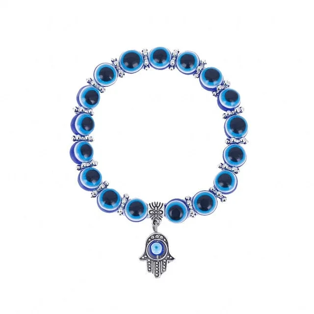 Fashion Silver Color Blue Evil Eye Hamsa Hand Fatima Palm Bracelets for Women Bead charm bracelet Ethnic style Handmade Jewelry