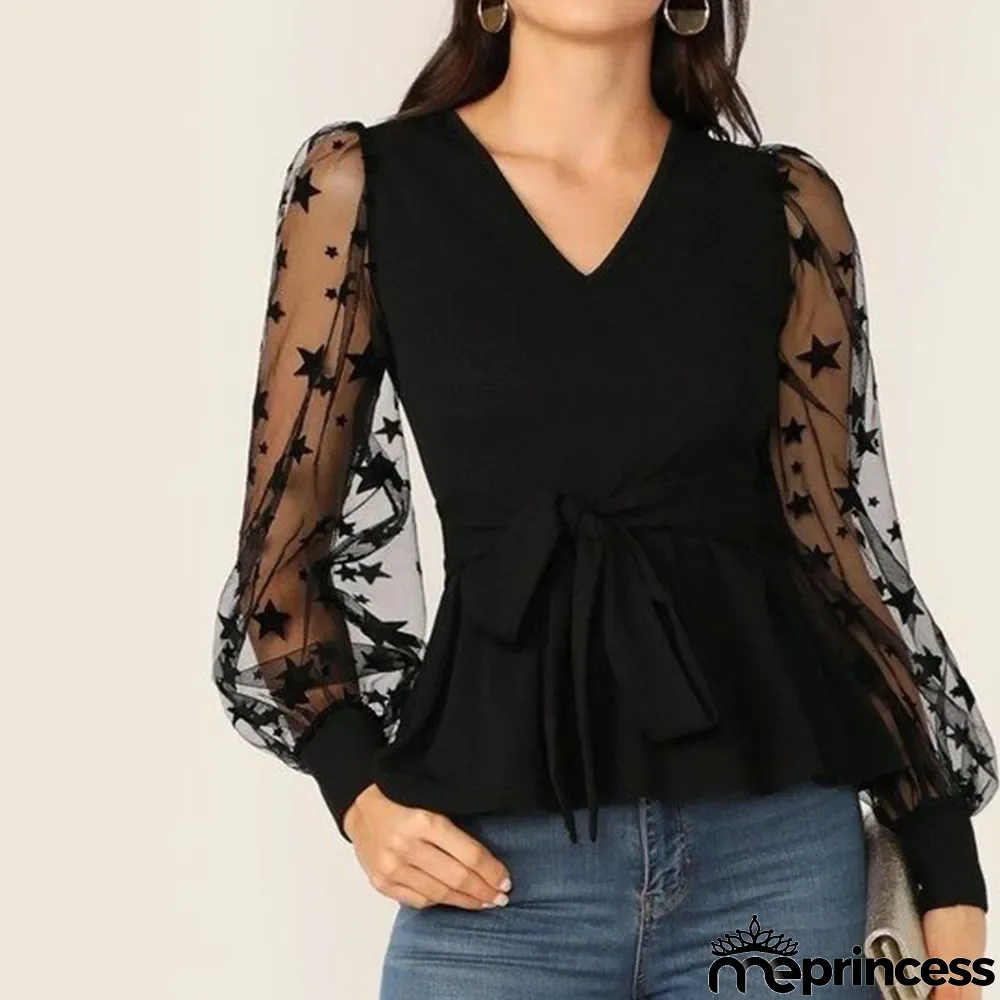 Women Fall V-neck Long Sleeve Lace Elegant Top