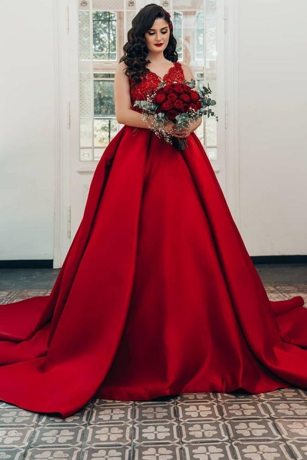 Elegant Long Satin V-neck Princess Wedding Dresses With Lace | Ballbellas Ballbellas