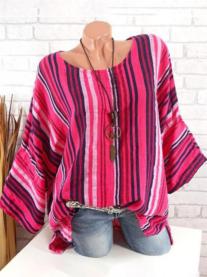 Vintage Striped Batwing Crew Neck T-Shirts