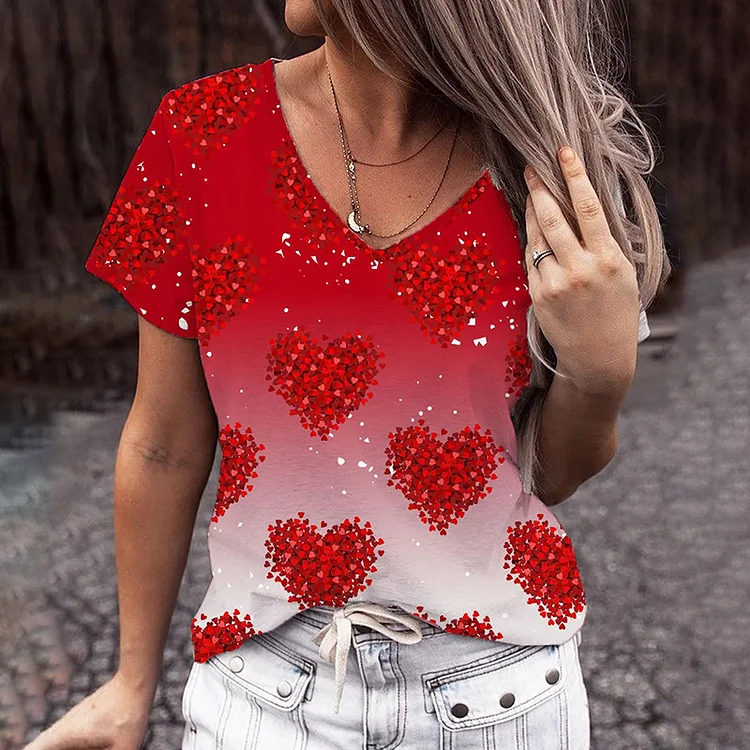Heart Shaped V Neck Shift Casual T-Shirt