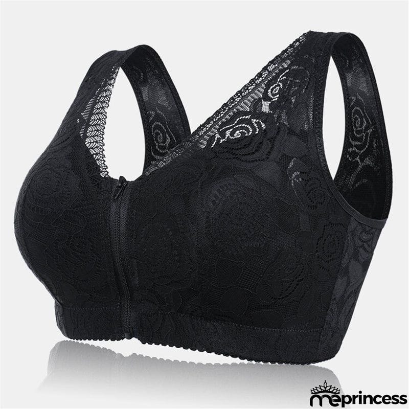 Wireless Rose Lace Front Zip Soft Cotton Lining Sleep Bras - Green
