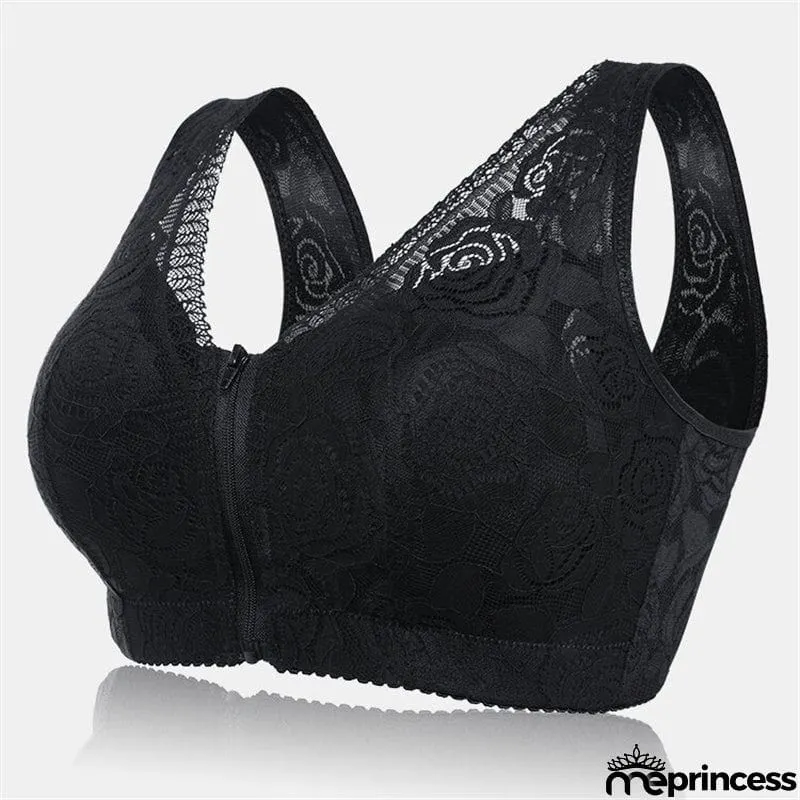 Wireless Rose Lace Front Zip Soft Cotton Lining Sleep Bras - Green