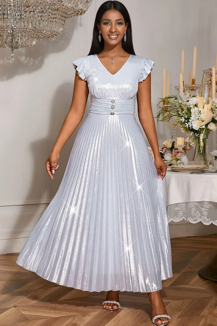 Ruffled Sleeve V Neck Cinch Waist Pleated Gowns Maxi Dresses-Silver