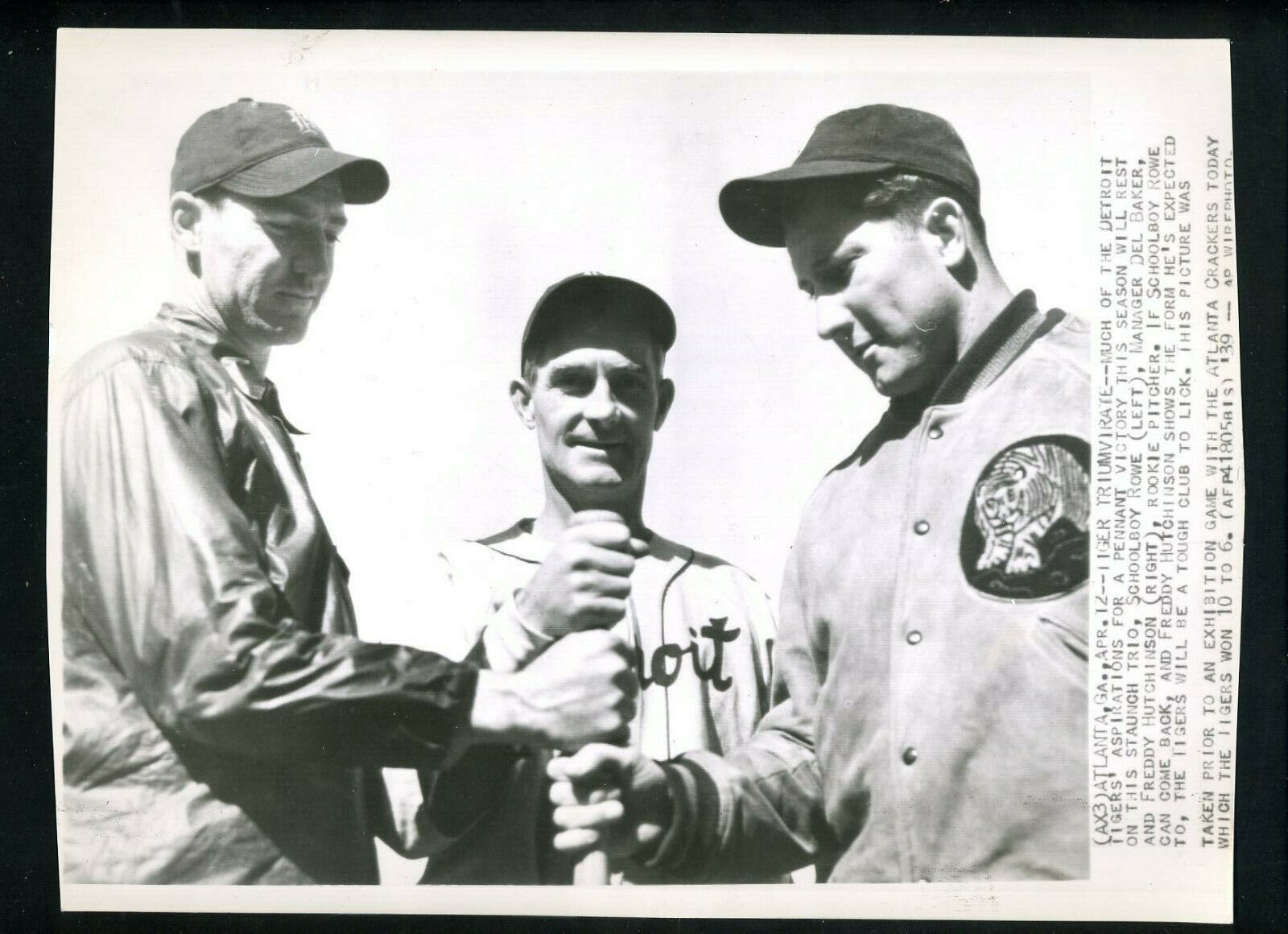 Schoolboy Rowe Fred Hutchinson & Del Baker 1939 Press Photo Poster painting Detroit Tigers