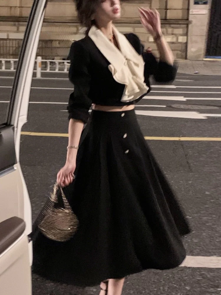 Korean Suit spring dresses for women 2023 Elegant 2 Piece Dress Set Office Lady Long Sleeve Crop Tops + Casual Black Midi Skirt Woman Slim Retro