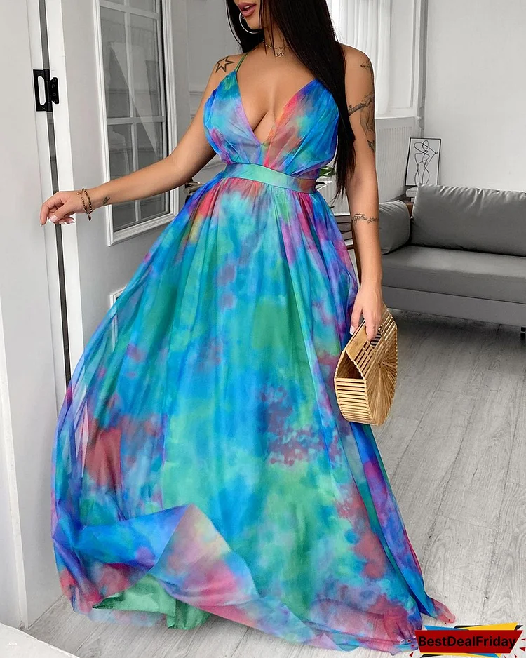 Tie Dye Print Crisscross Backless Mesh Prom Dress P7366149713