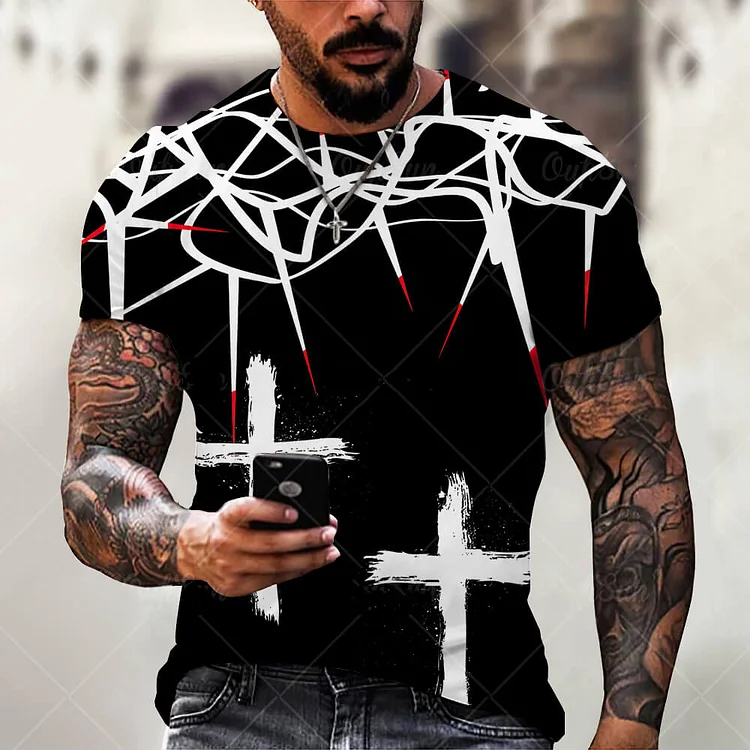 Jesus Cross Pattern Summer Short Sleeves Men's Casual T-shirts at Hiphopee