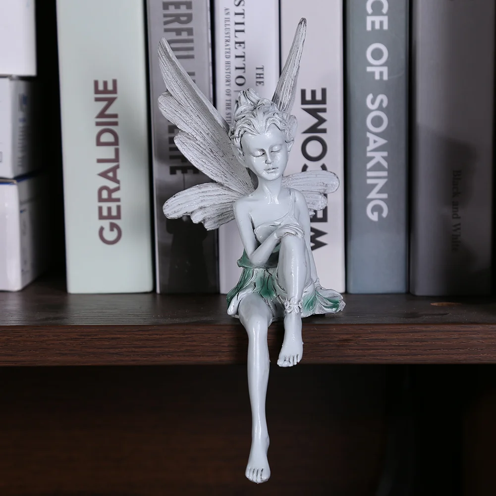 Flower Fairy Sculpture Resin Turek Sitting Statue Angel Yard Decor (White)