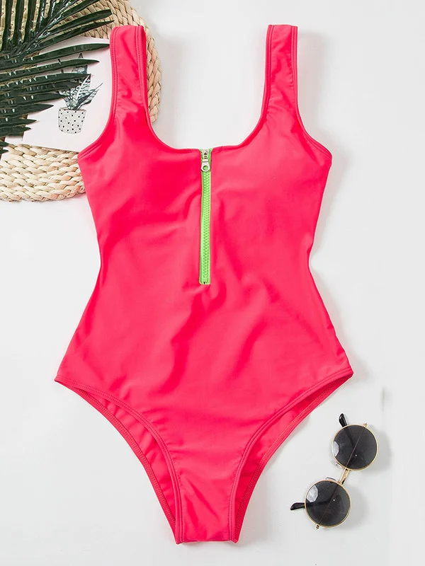 Solid Color U-Neck Contrast Color Zipper One-Piece Swimwear 