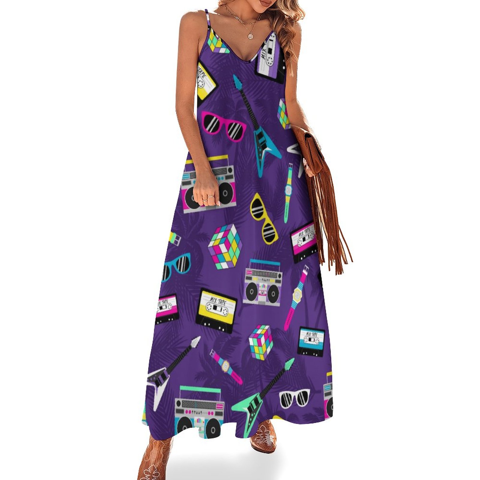 Trendy Style From 80S Purple Maxi Cami Slip Dress, Strapless Beach Vacation Dress, Casual Summer Dresses With Flowy Polyester-Spandex Blend