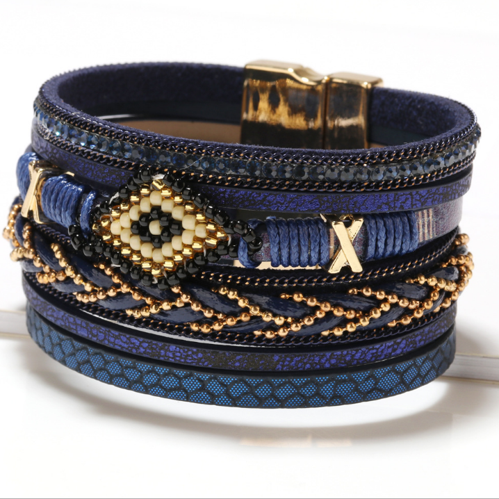 Ladies multi-layer braided magnetic clasp bracelet