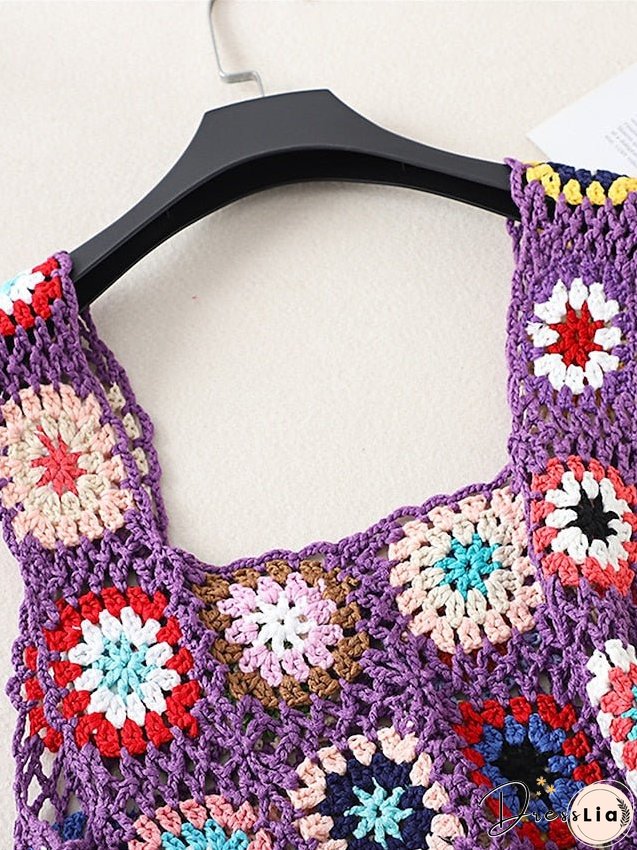 Women's Sweater Vest Jumper Crochet Knit Embroidered Hole Floral Square Neck Stylish Sexy Daily Holiday Summer Spring