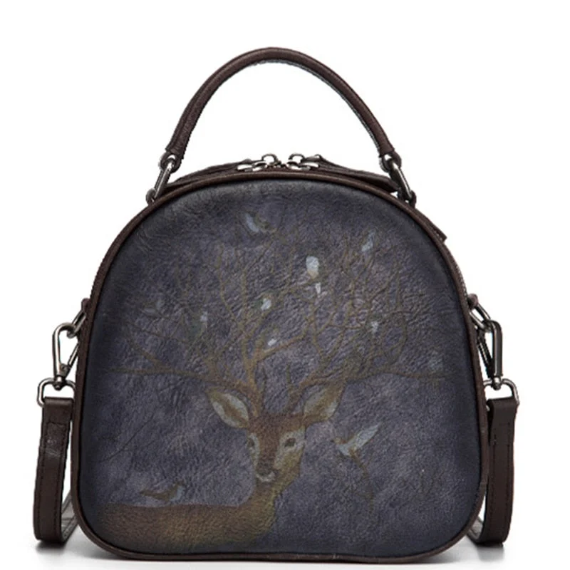 MOTAORA Women's Leather Top-handle Bag Retro Genuine Leather Circular Bags For Female Vintage Deer Pattern Shoulder Bag Ladies