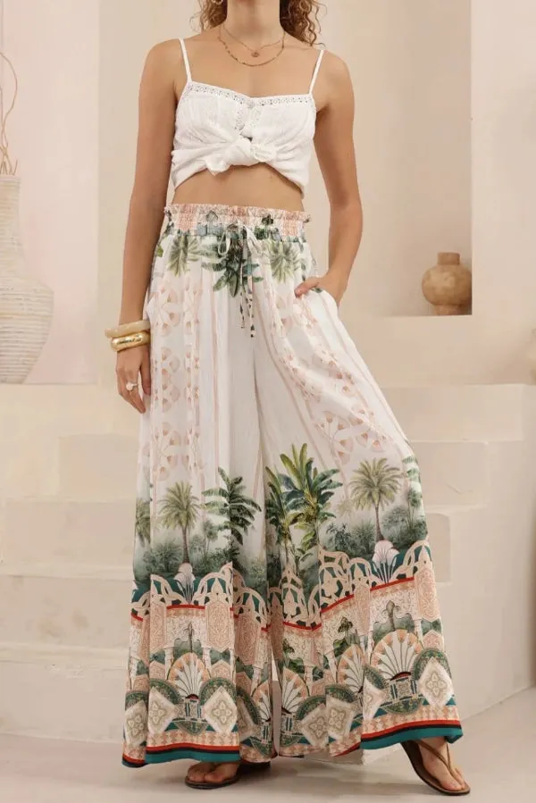 Unique Printed Casual Elastic Wst Pockets Loose Wide-leg Pants