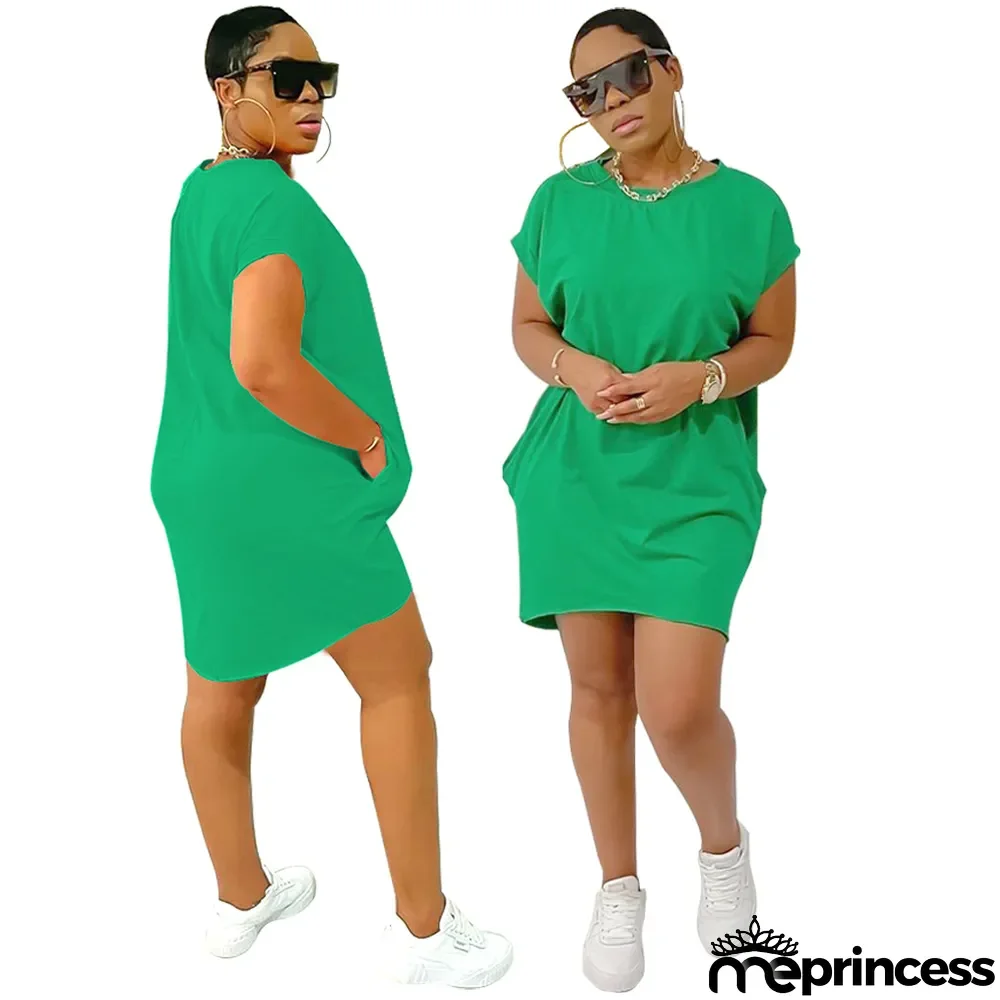 Solid Color Pocket Short Front and Back Long Irregular Dress