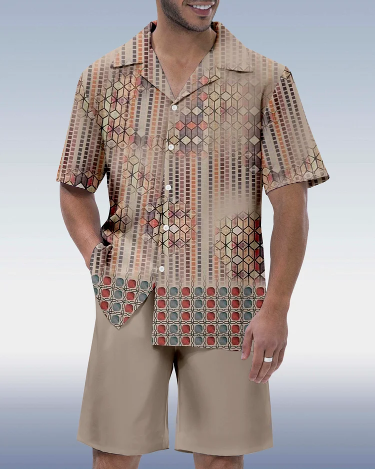 Men's Ombre Contrast Ethnic Print Hawaiian Vacation Short Sleeve Suit 070