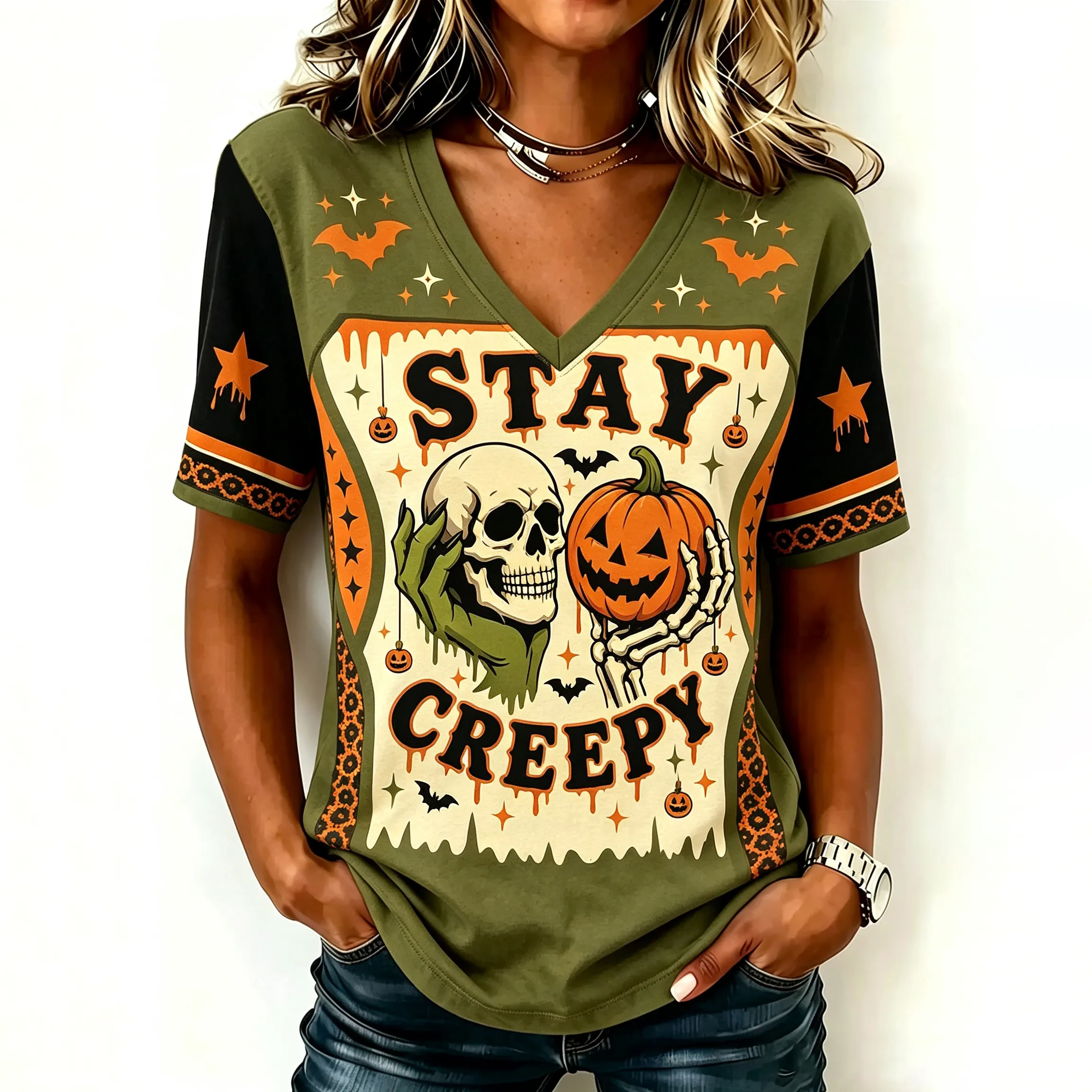 Women's Halloween Print V-neck Short-sleeve T-shirt artswardrobe