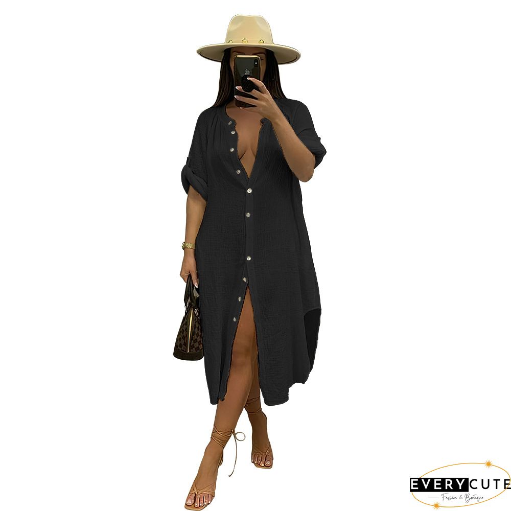 Plain Button Design Long Sleeve Dress