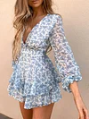 Plunging Floral Printed Long Sleeves Mini Dress