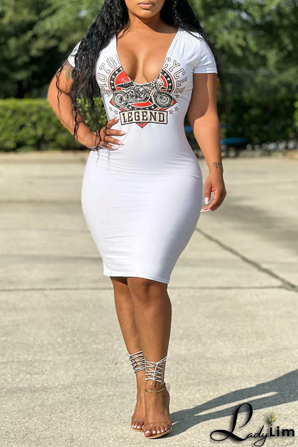 Tangerine Red Fashion Print Patchwork V Neck Pencil Skirt Dresses