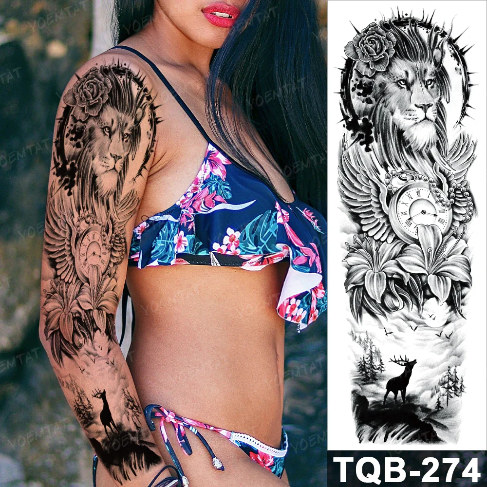 Sdrawing Arm Waterproof Traditional Temporary Tattoo Stickers Women Men Black Line Flowers Koi Crane Thigh Body Art Fake Tattoos