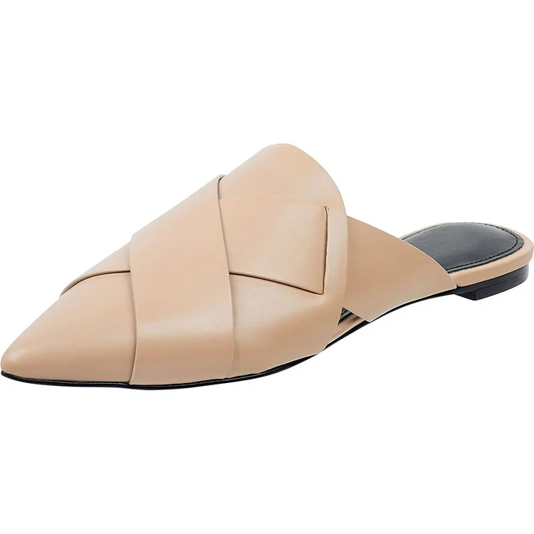 Nude Pointed Toe Braided Flat Mule Loafers for Women |FSJ Shoes