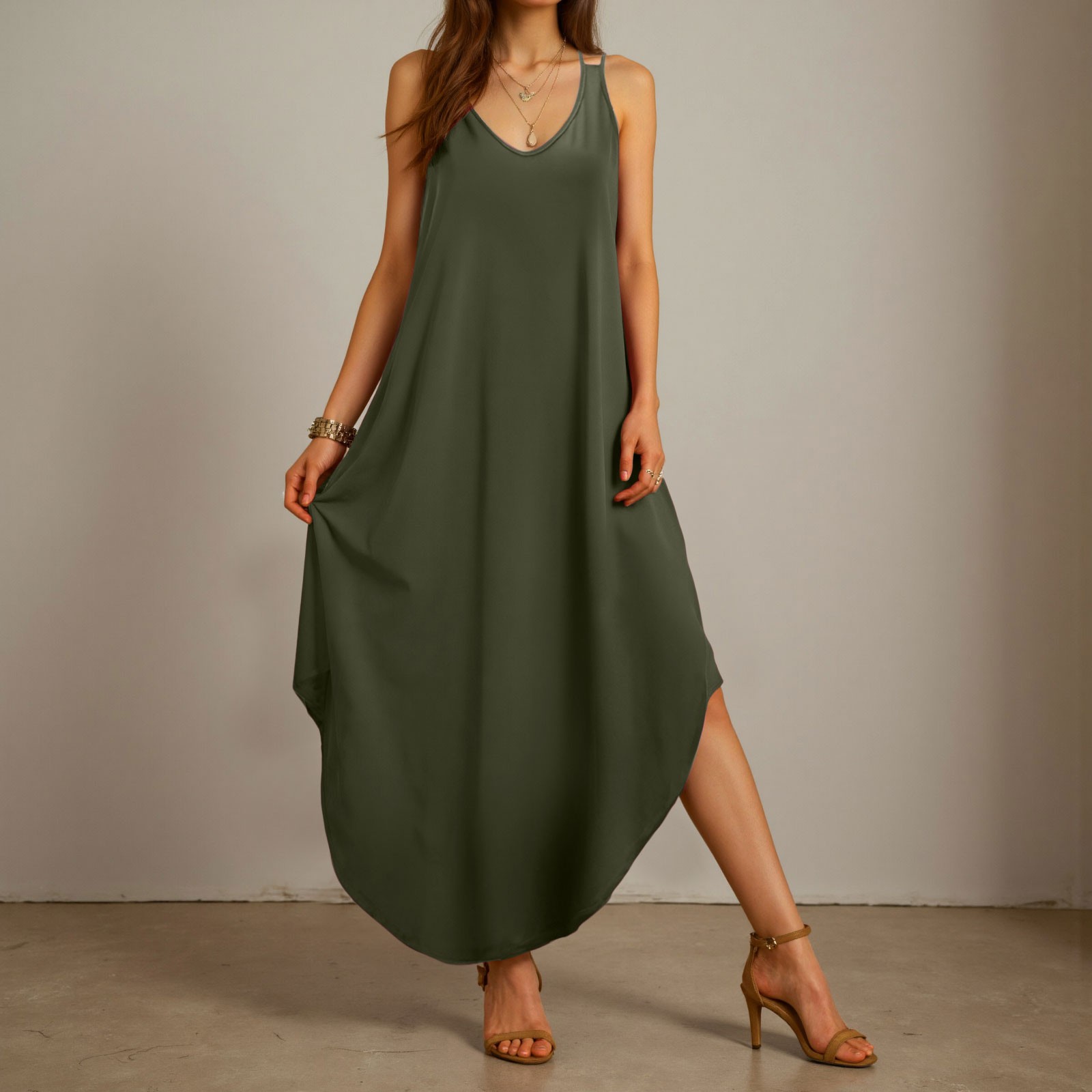 Women Summer Casual Sleeveless Dress V Neck Strappy Split Loose Dress Beach Cover Up Beach Long Dress Vestidos Para Mujer