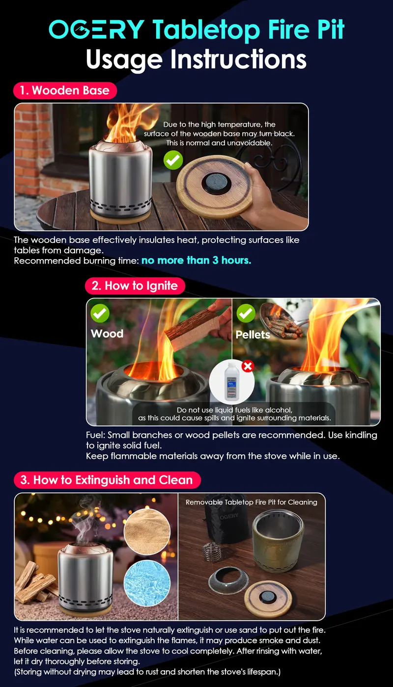 Product Introduction of OGERY Stove Tabletop Fire Pit with Stand. 7.9*6.1''. Smokeless Stainless Steel Portable Fire Pit for Camping Cooking Outdoor Decorative 2