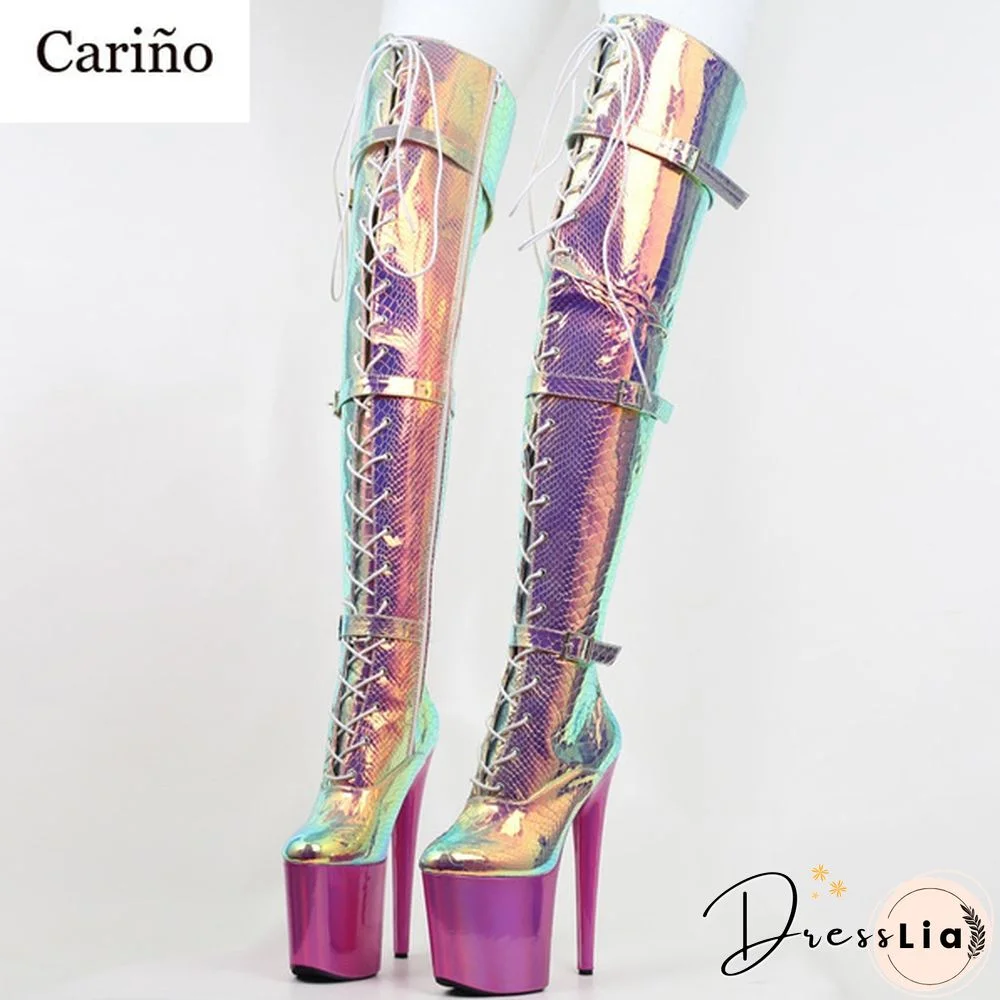 20Cm High Heel Platform Over-The-Knee Boots Snake Print Hologram Cross-Tied Pole Dancing Thigh High Boots Size 36-43