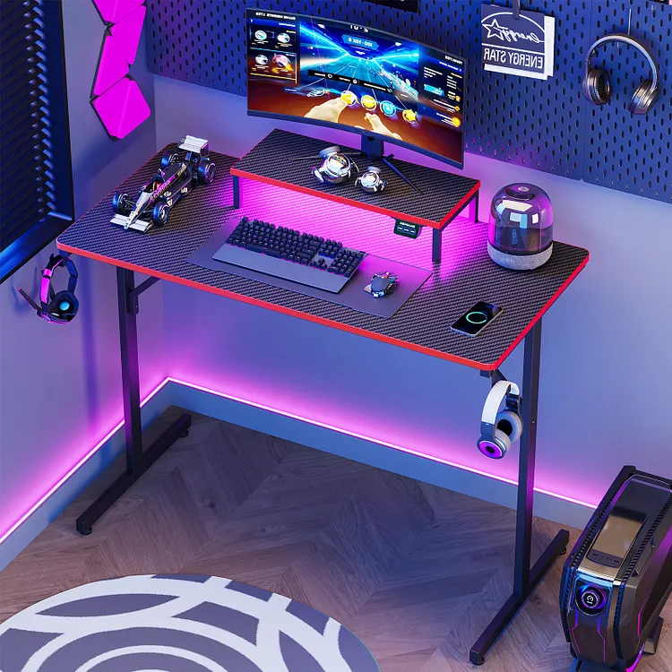 RSPGAME Gaming Desk PC Computer Office Gamer Table Desk with LED Lights & Monitor Stand 