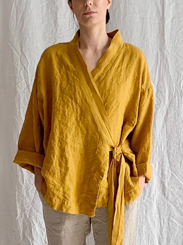 Solid Color Cotton And Linen Lace-up Top hjn Shicloths