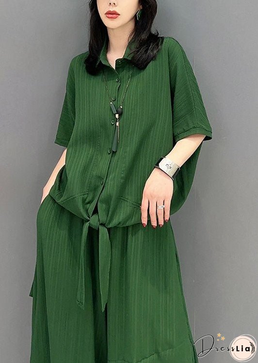 Natural Green Peter Pan Collar Patchwork Tops And Pants Cotton Two Pieces Set Spring