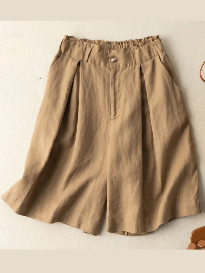 Pure Color Wide-leg Casual Linen Shorts