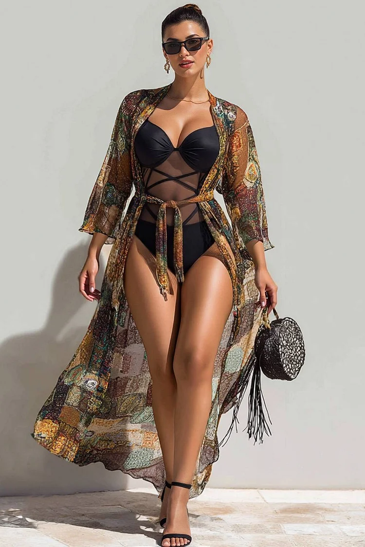 Xpluswear Design Plus Size Beach Black Graphic V Neck 3/4 Sleeve See Through Swimsuit Fabric Two Pieces Swimsuit Cover Ups Set [Pre-Order] 2024 - Xpluswear