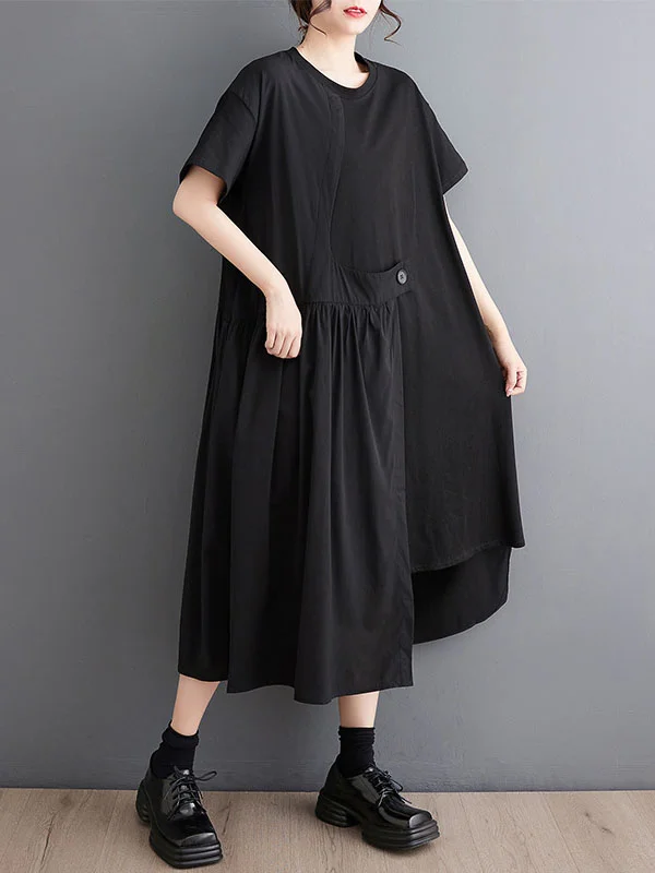 Irregular Clipping Roomy Pure Color Split-Joint Round-Neck Midi Dresses