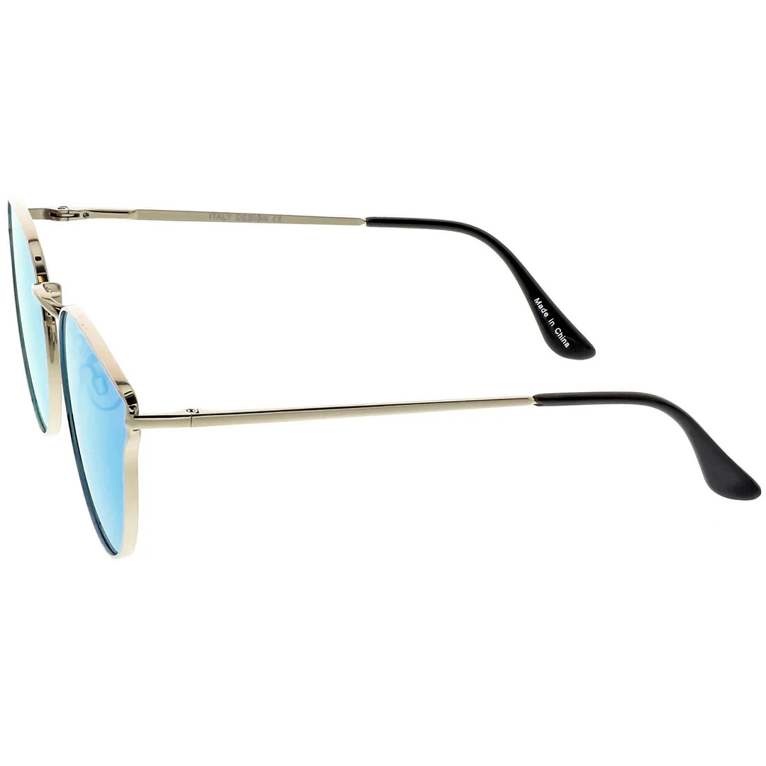 Premium Metal Cat Eye Sunglasse With Slim Arms And Round Colored Mirror Flat Lens 54mm