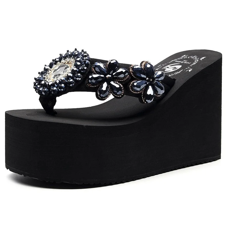 Women's Platform with Wedges Flip-flops Women's Summer Fashion Anti-skid Sponge Cake Beach Shoes Rhinestones High Heels Sandals