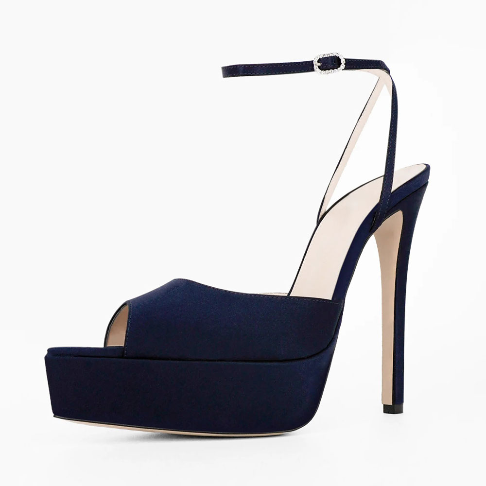 Navy Satin Peep Toe Ankle Strap Platform Stiletto Heeled Sandals Nicepairs