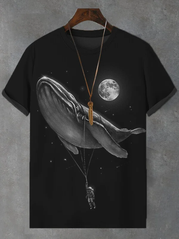 Men's Astronaut Hitching A Ride Whale Moon Art Print T-Shirt