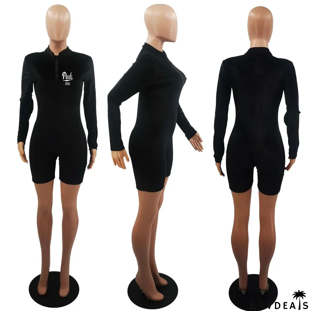 Velvet PINK Letter Print Zipper Long Sleeve Rompers