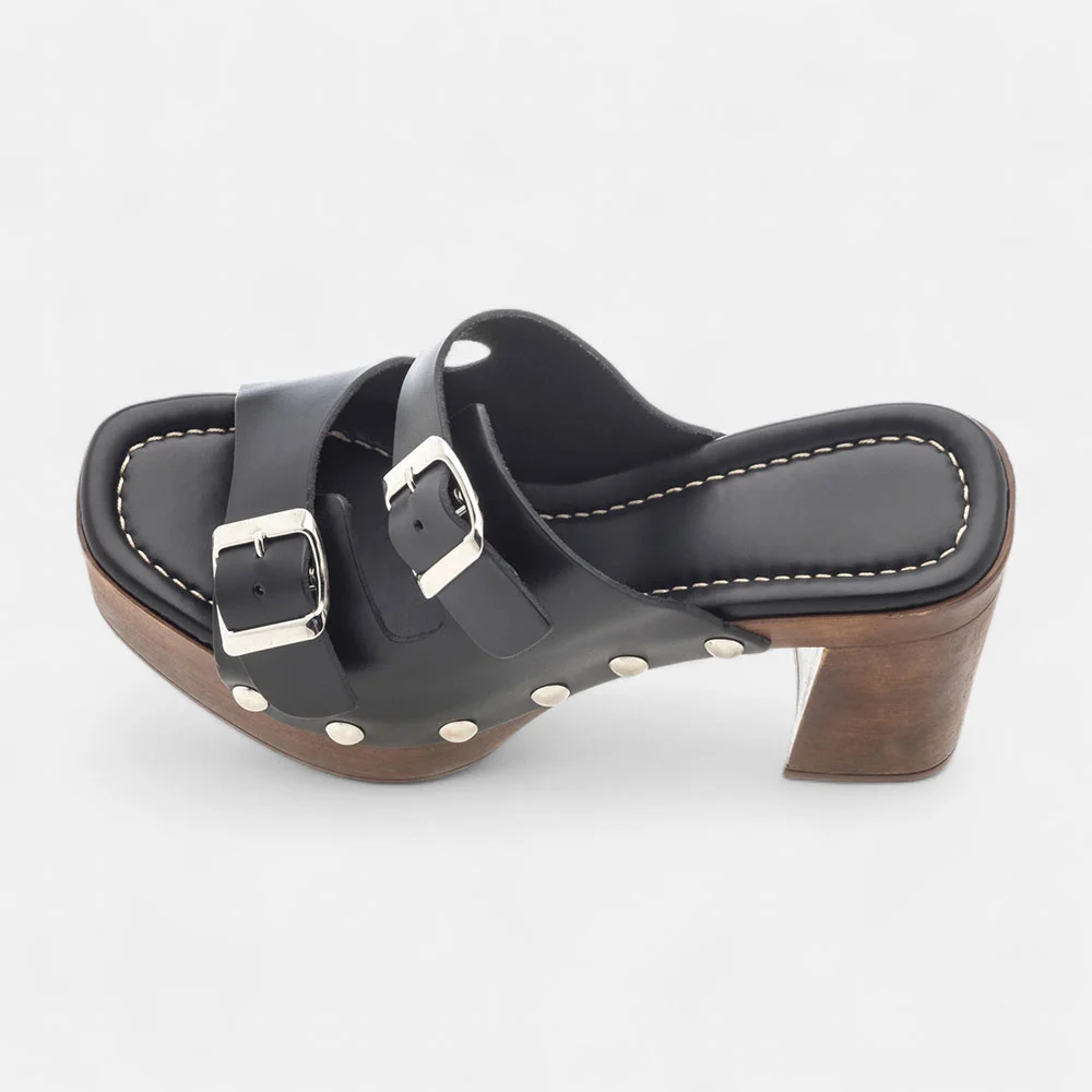 Open-Toe Double Buckle Strap Black Platform Sandals with Studs