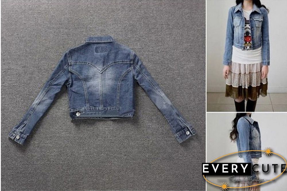 Spring Womens Girls Sweet Princess Slim Crop Denim Jacket Distressed Outerwear Coat Worn White Washed Short Jean Jacket