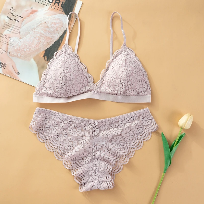 Dzgolf Women's Bra Set Sexy Beauty Back Tops Lace Push-up Bras and Panty Sets Wire Free Lingerie Solid Padded Intimates Underwear