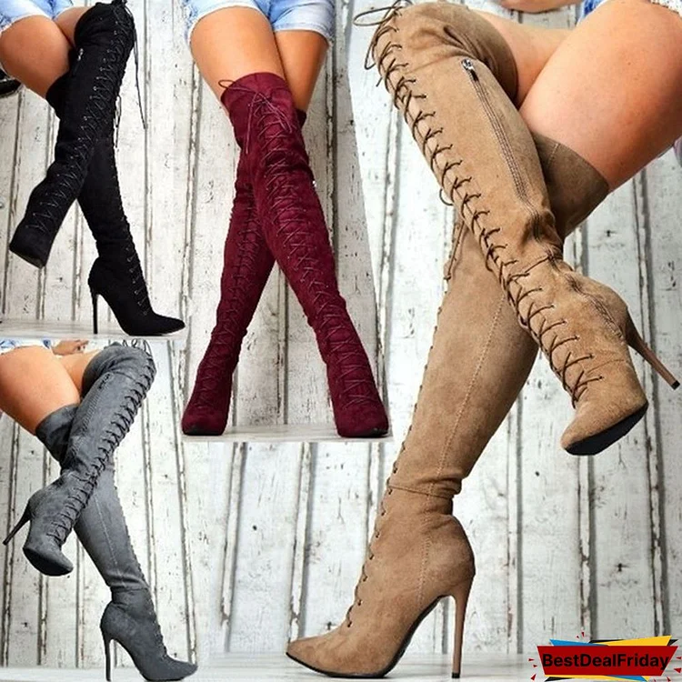 Lace Up Boots Women's Fashion High Boots High Heel Shoes Casual Zipper Boots