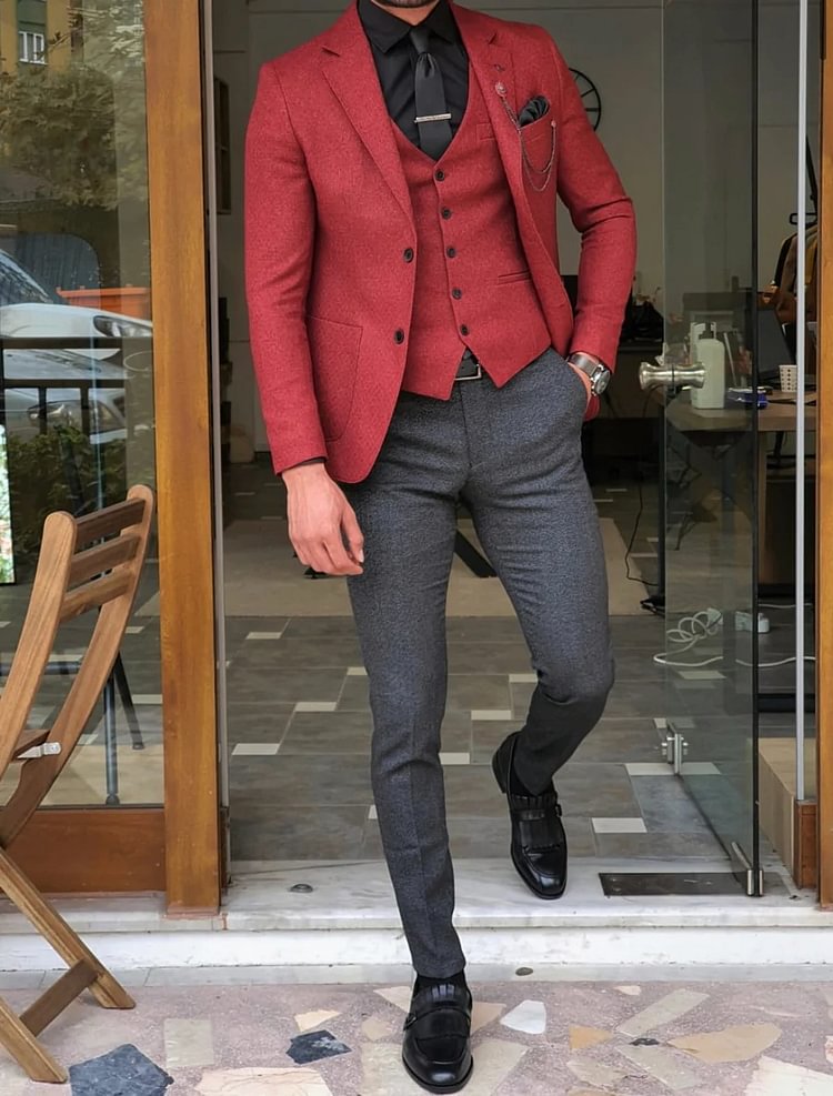 Men's casual fashion red and black two-piece suit